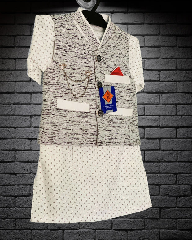 Off-White Printed Kids Kurta with Printed Waiste Coat