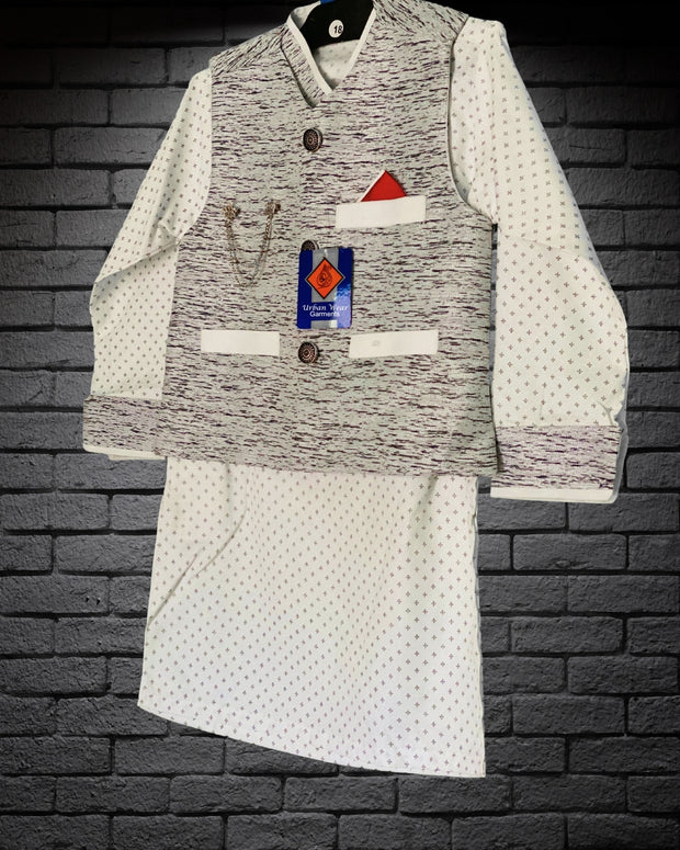 Off-White Printed Kids Kurta with Printed Waiste Coat