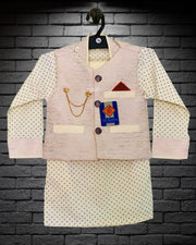 Off-White Printed Kids Kurta with Printed Waiste Coat