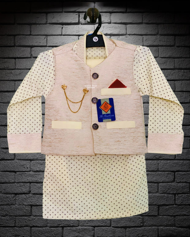 Off-White Printed Kids Kurta with Printed Waiste Coat